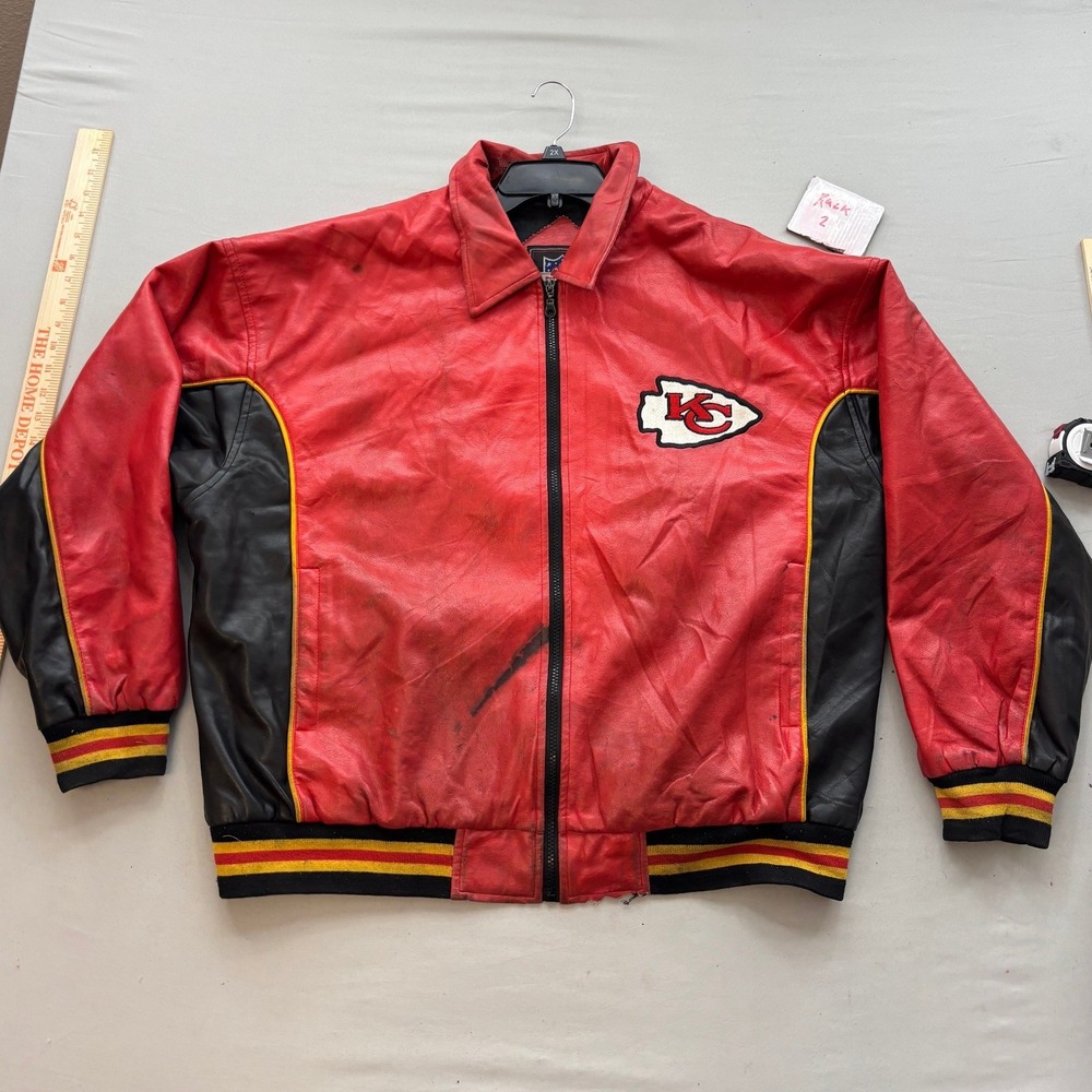 Vintage Kansas City Chiefs NFL Game Day Leather Jacket Red Black Mens Large L